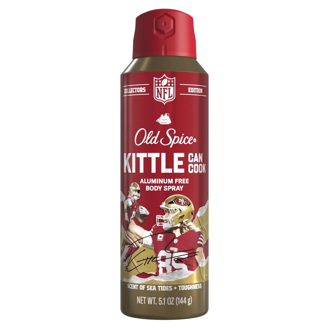 Old Spice Men's Aluminum Free Deodorant Body Spray, NFL Collection, George Kittle Can Cook, Sea Tides + Toughness, 5.1oz