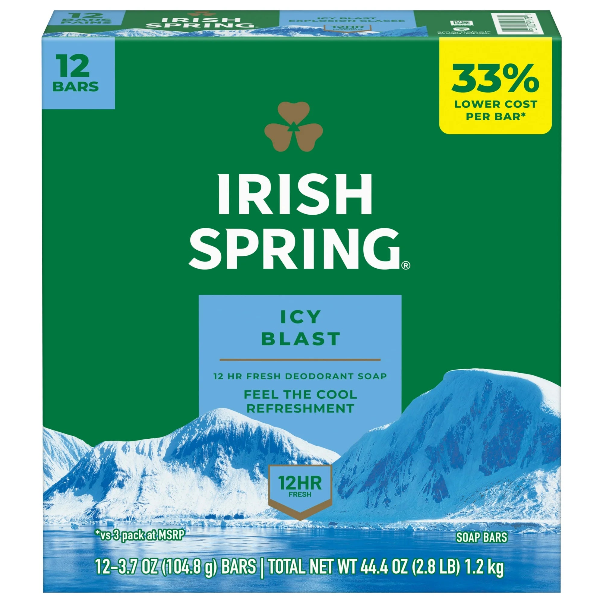 Irish Spring Icy Blast Deodorant Bar Soap for Men, With Flaxseed Oil, 3.7 oz Bar (12 Pack)