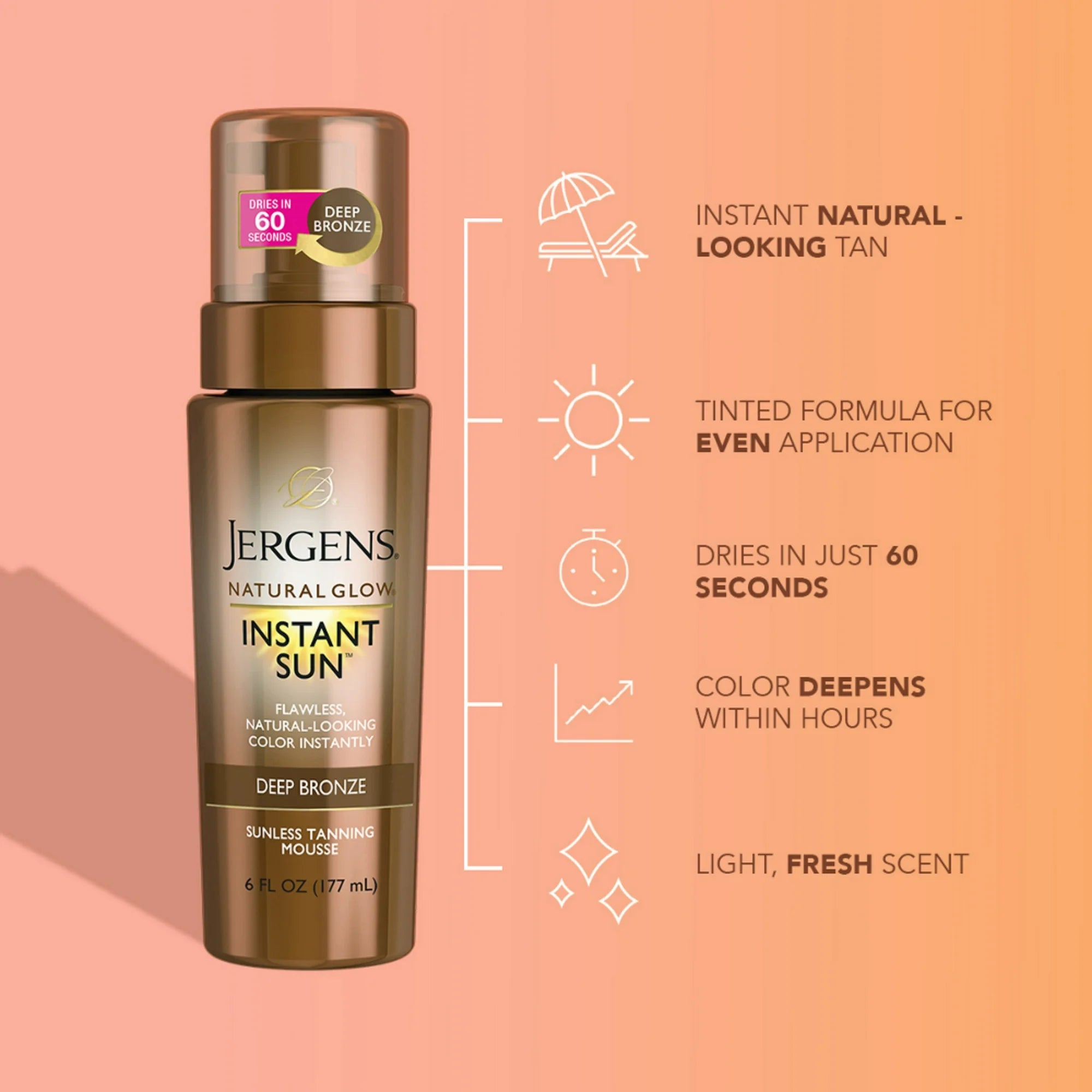 Jergens Natural Glow Instant Sun Sunless Tanning Mousse, Self Tanner Deep Bronze Tan, 6 oz