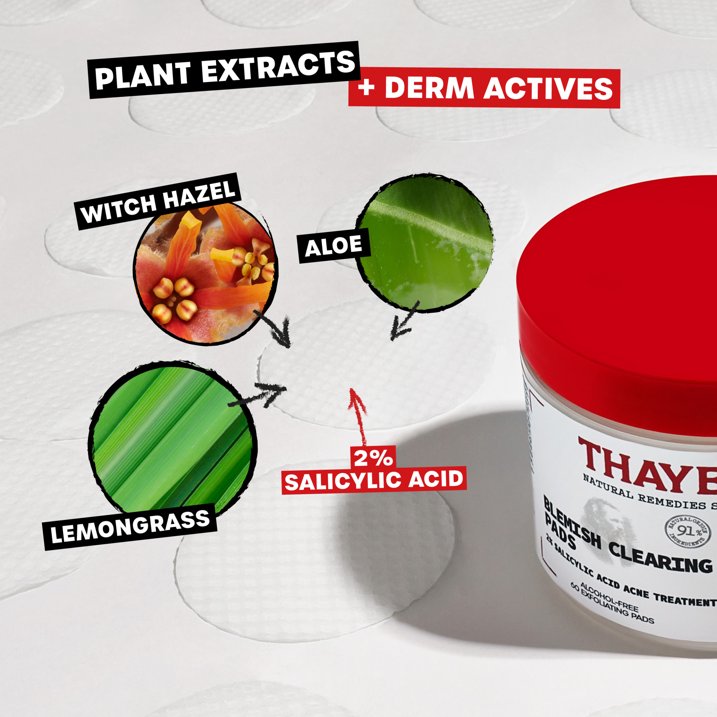 Thayers Natural Remedies Blemish Clearing Pads, 2% Salicylic Acid Acne Treatment - 60ct