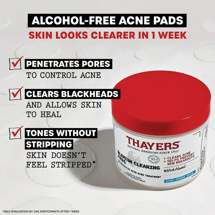 Thayers Natural Remedies Blemish Clearing Pads, 2% Salicylic Acid Acne Treatment - 60ct