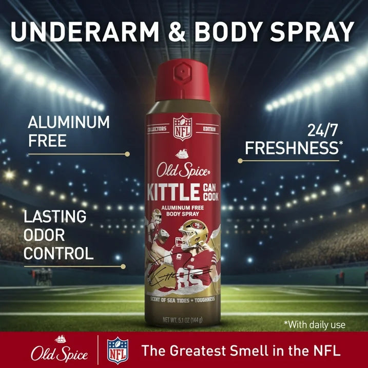 Old Spice Men's Aluminum Free Deodorant Body Spray, NFL Collection, George Kittle Can Cook, Sea Tides + Toughness, 5.1oz