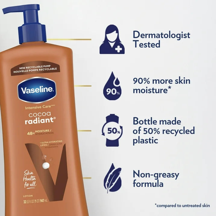 Vaseline Intensive Care Non Greasy Women Body Lotion Cocoa Radiant for Dry Skin, 32 oz