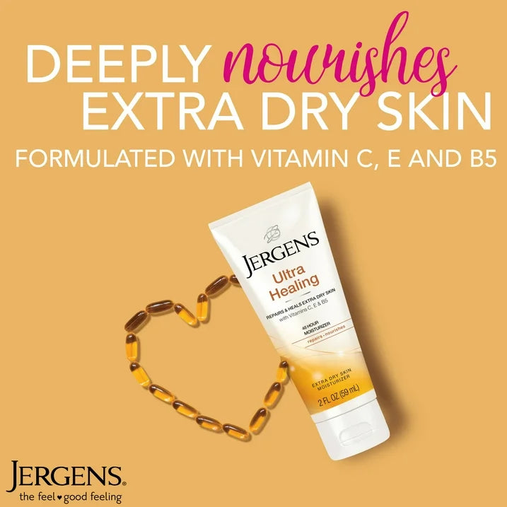Jergens Ultra Healing Hand and Body Lotion Dry Skin Moisturizer, Vitamins C, E, B5, 2 oz